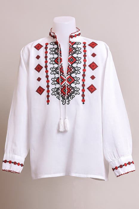 Camasa traditionala de baieti alba cu motiv geometric rosu Stefan 02