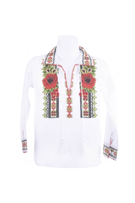 Camasa traditionala de baieti alba pentru baieti cu motiv floral rosu Valentin