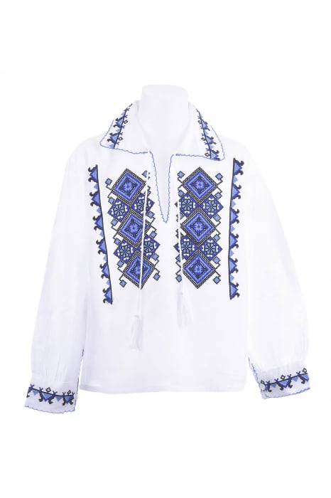 Camasa traditionala de baieti alba pentru baieti cu motiv geometric albastru Ianis