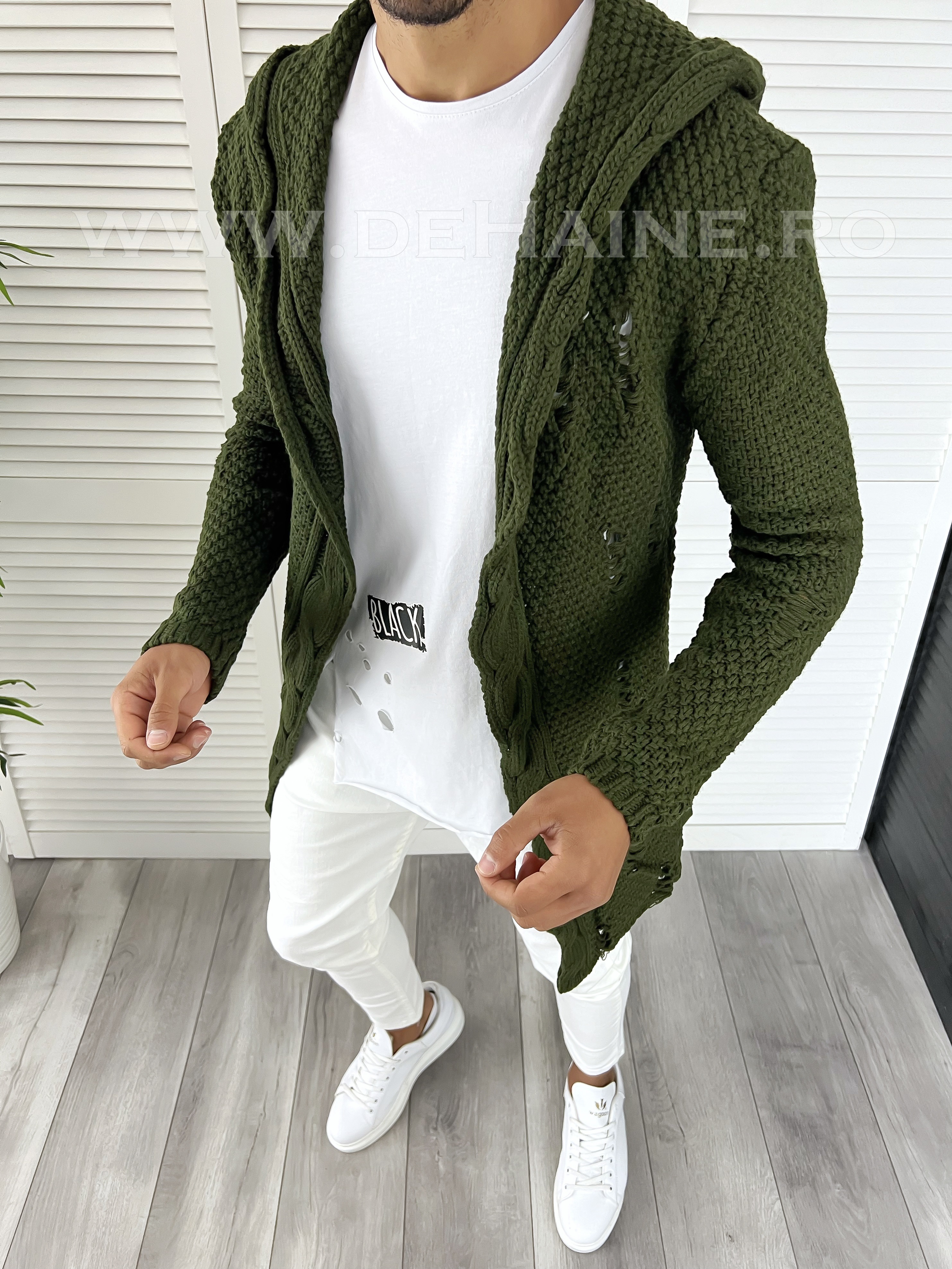 Cardigan barbati kaki cu gluga slim fit ZR T3601 20-1.1