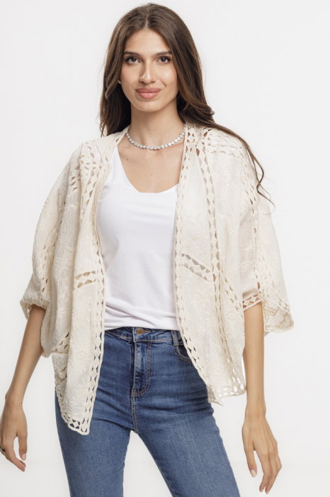 Cardigan lejer din bumbac, cu broderie sparta tip dantela, bej