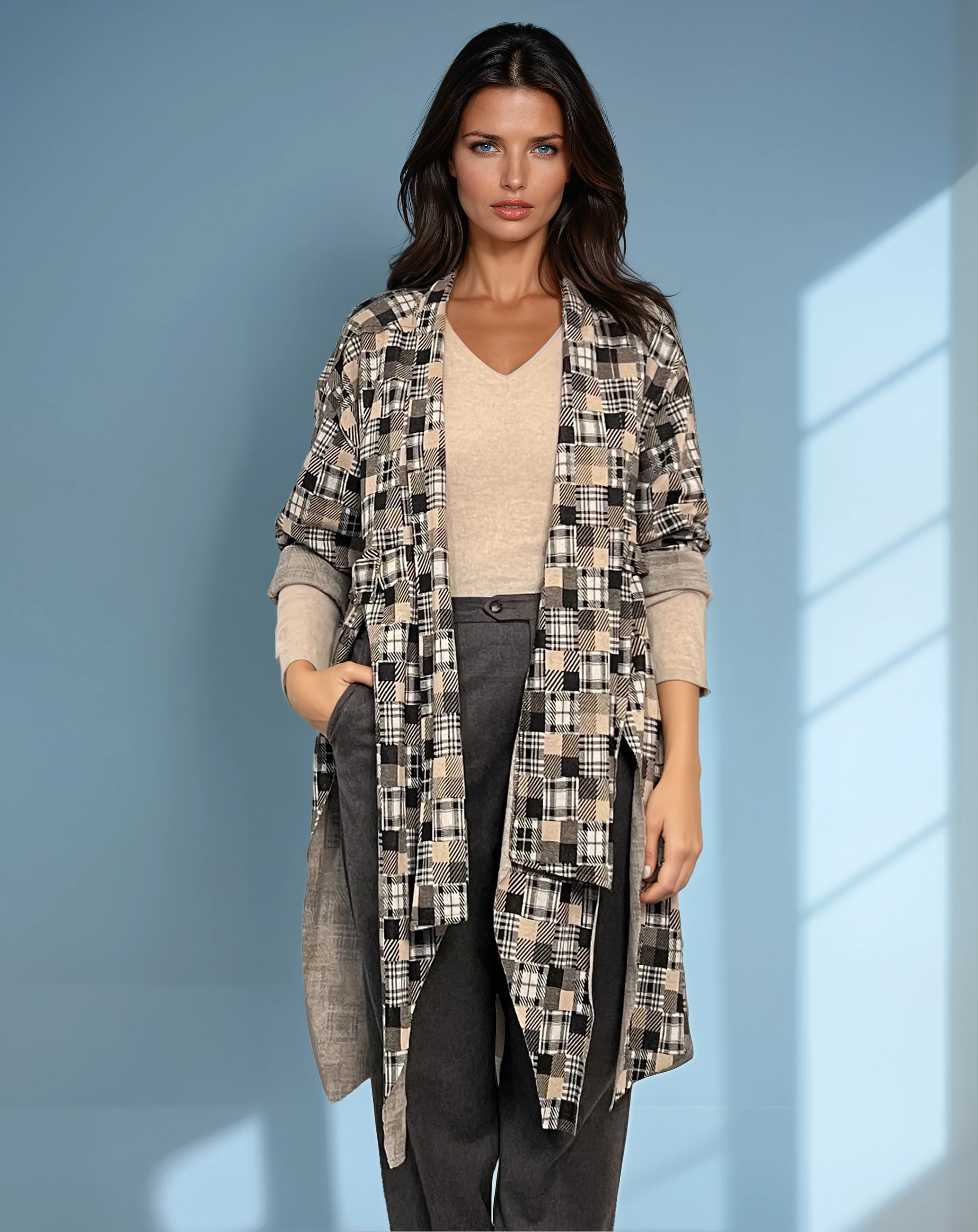 Cardigan lung cu șlițuri laterale și imprimeu geometric mic beige - Unica S-L