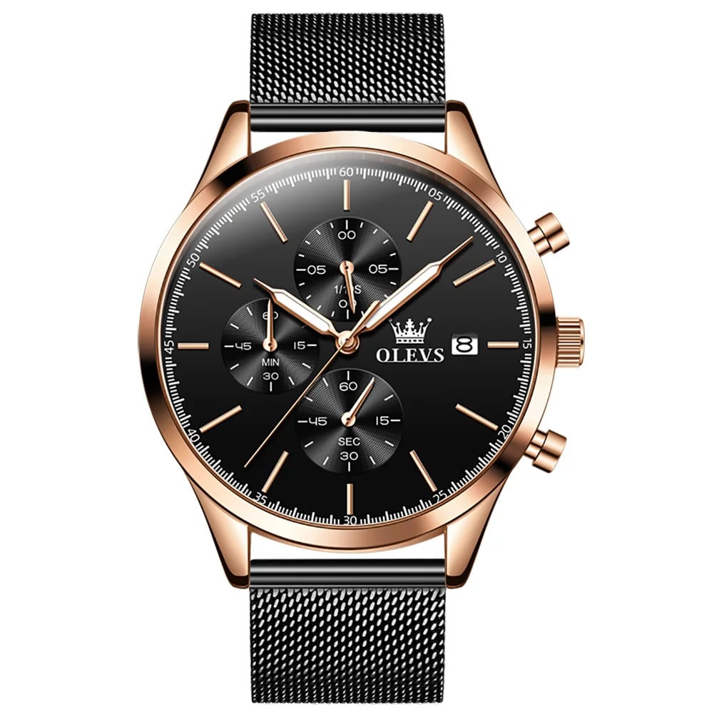 Ceas barbatesc Olevs CS1654, otel inoxidabil, negru-rose gold, cadran negru - poza 1