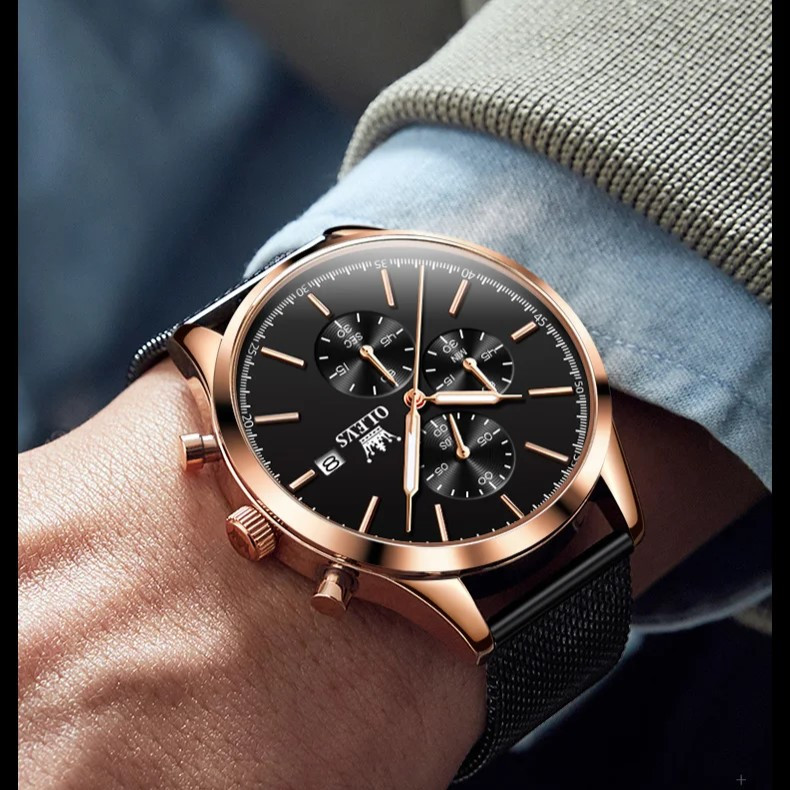 Ceas barbatesc Olevs CS1654, otel inoxidabil, negru-rose gold, cadran negru - poza 2