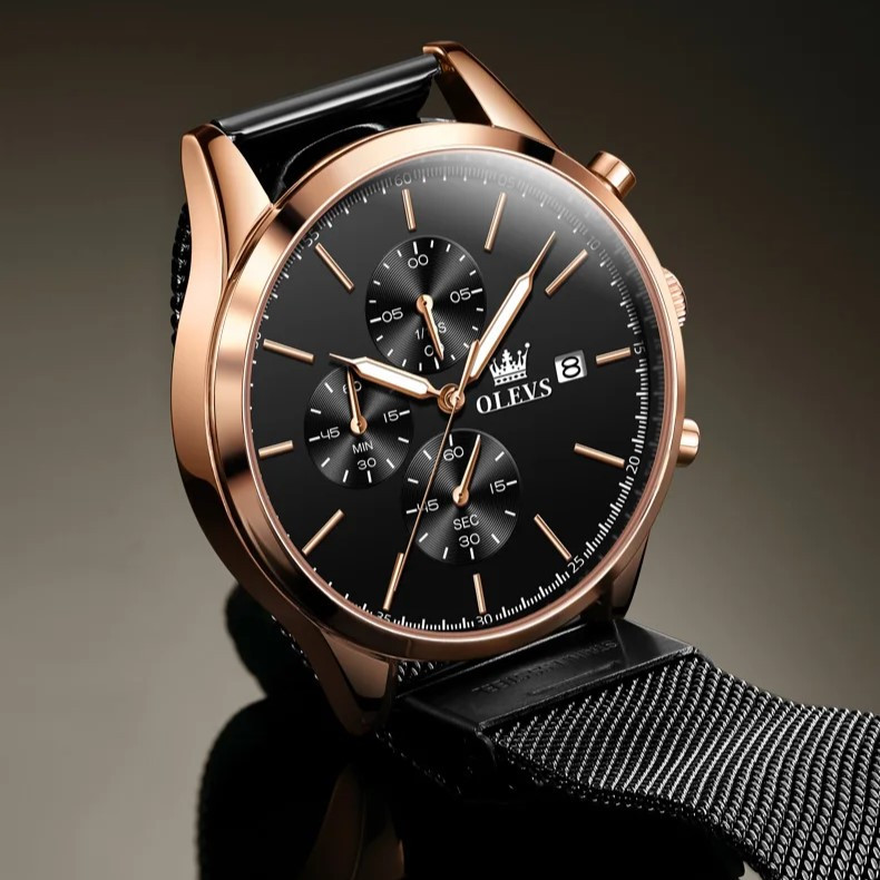 Ceas barbatesc Olevs CS1654, otel inoxidabil, negru-rose gold, cadran negru - poza 5