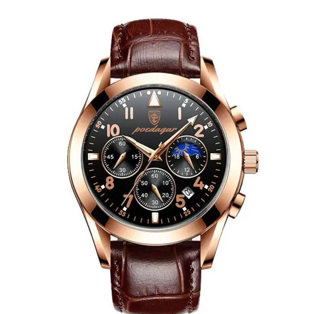 Ceas barbatesc Poedagar CS1337, curea piele naturala, maro/rose gold, cadran negru - poza 1