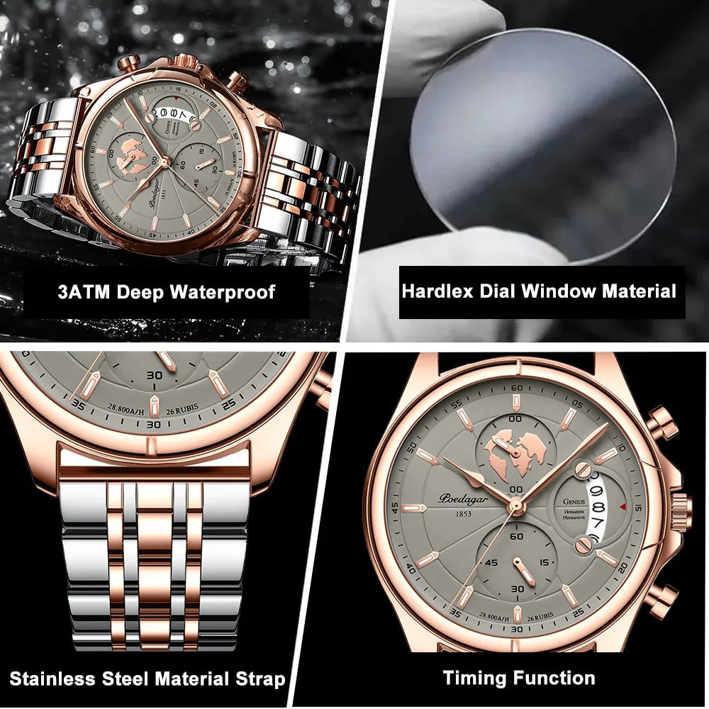 Ceas barbatesc Poedagar CS1452, otel inoxidabil, argintiu-rose gold, cadran negru - poza 3