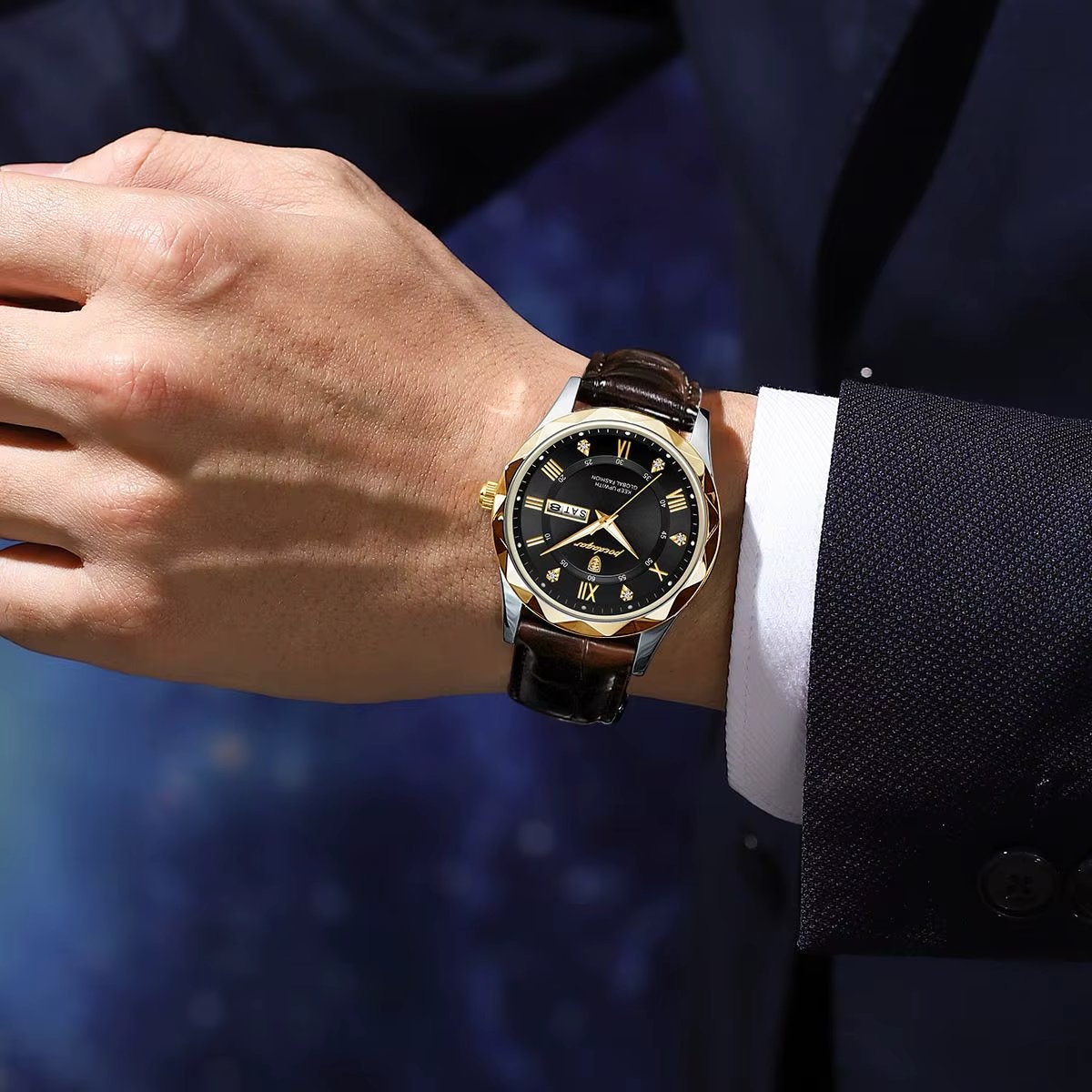 Ceas barbatesc Poedagar CS1778, piele naturala, negru-argintiu, cadran alb - poza 2