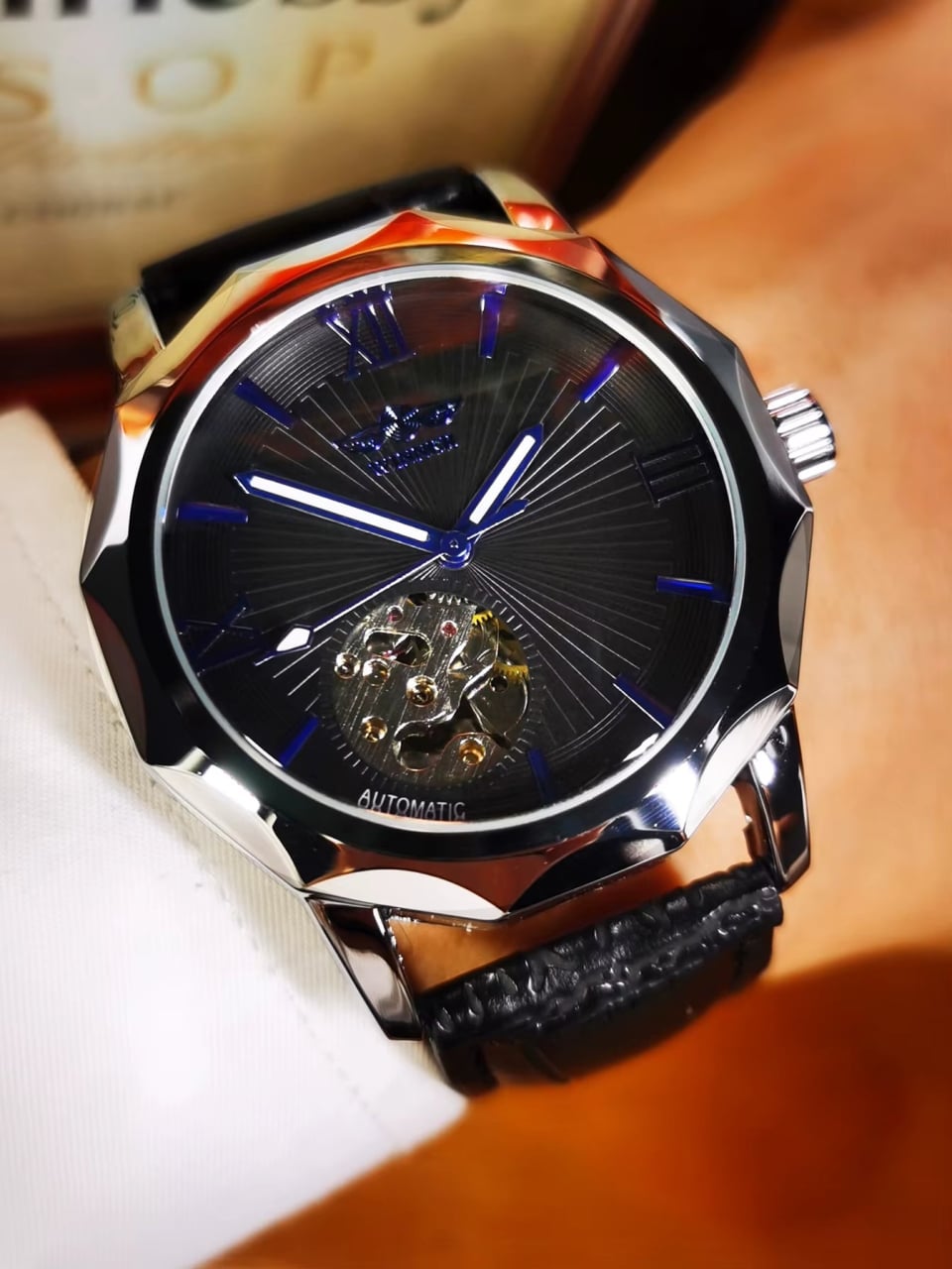 Ceas barbatesc Winner CS1727, automatic, piele naturala, negru, cadran negru - poza 3