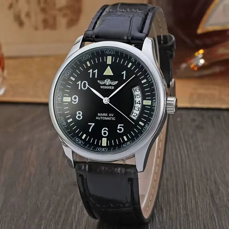 Ceas barbatesc Winner CS1730, automatic, piele naturala, negru, cadran negru - poza 1