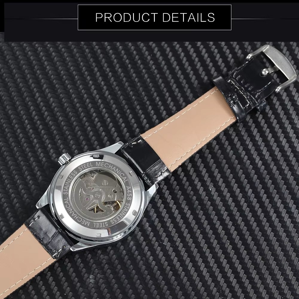 Ceas barbatesc Winner CS1730, automatic, piele naturala, negru, cadran negru - poza 4