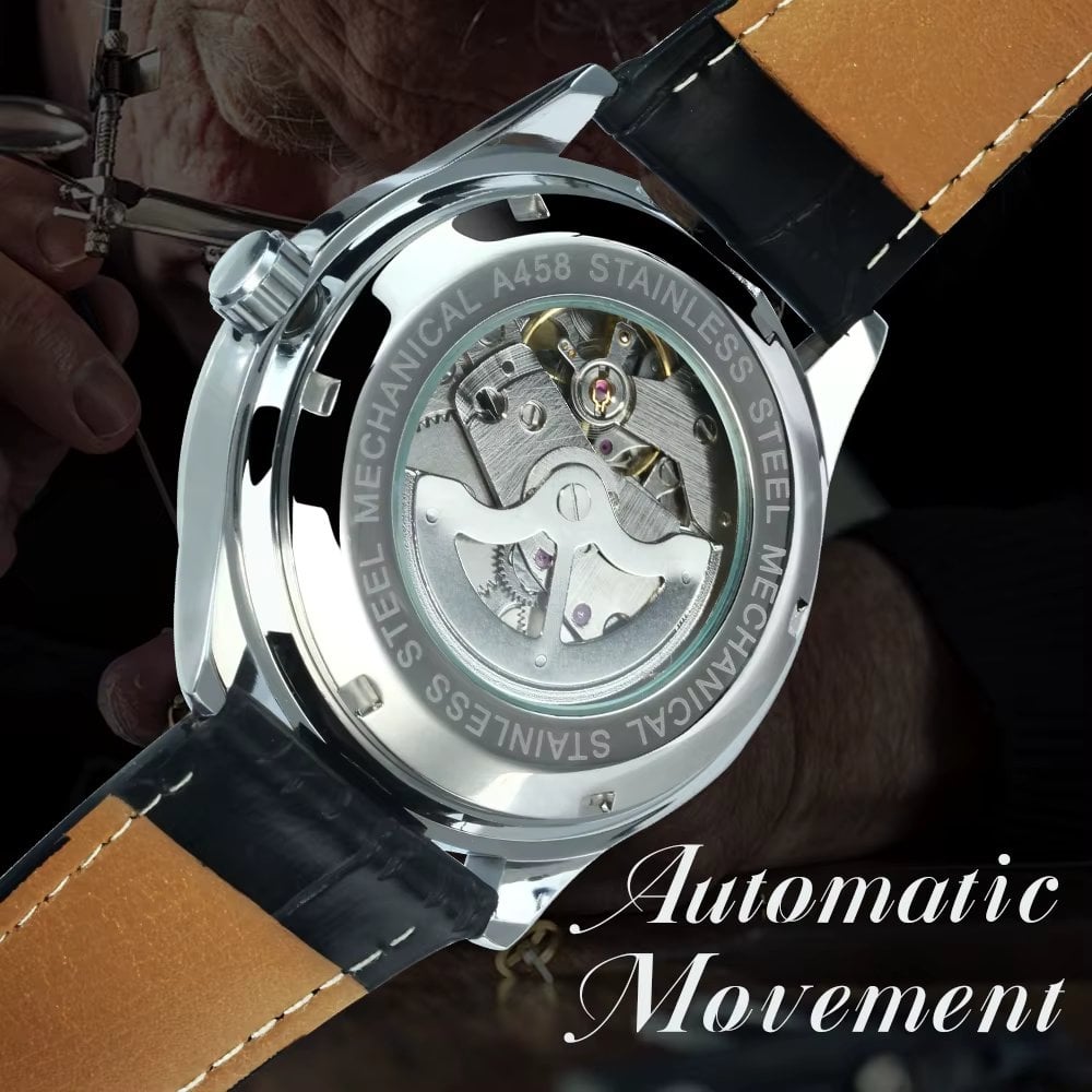 Ceas barbatesc Winner CS1732, automatic, piele naturala, negru, cadran negru - poza 4