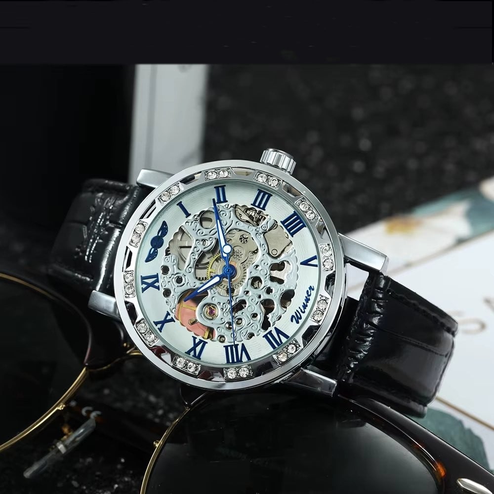 Ceas barbatesc Winner CS1746, automatic, piele naturala, negru, cadran alb - poza 1