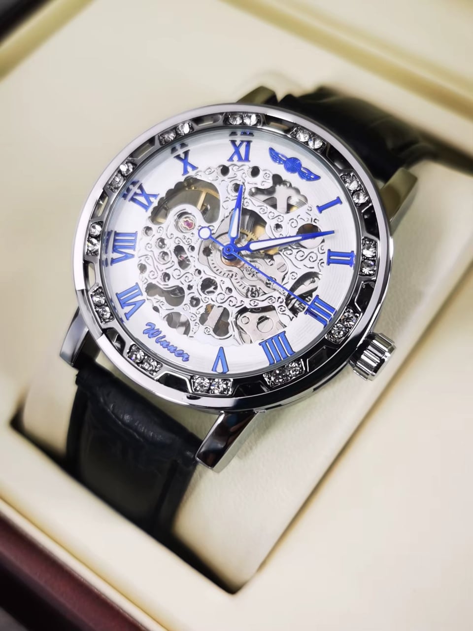 Ceas barbatesc Winner CS1746, automatic, piele naturala, negru, cadran alb - poza 3
