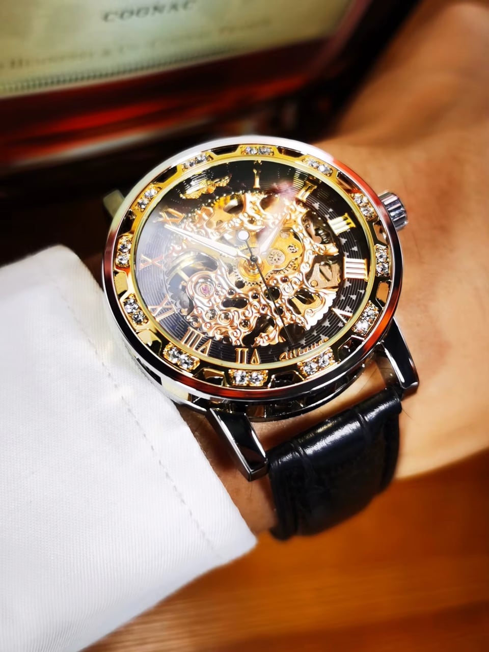 Ceas barbatesc Winner CS1746, automatic, piele naturala, negru, cadran alb - poza 4