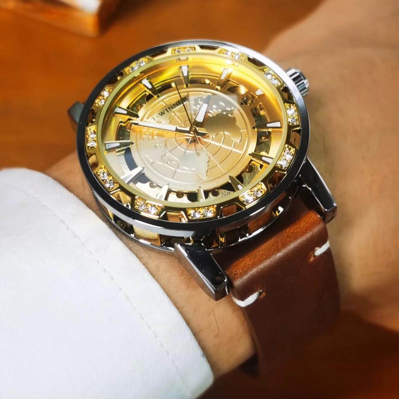 Ceas barbatesc Winner CS1748, automatic, piele naturala, maro, cadran auriu - poza 2