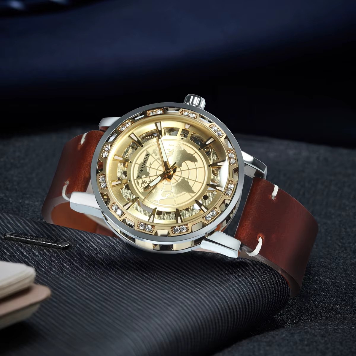 Ceas barbatesc Winner CS1748, automatic, piele naturala, maro, cadran auriu - poza 3