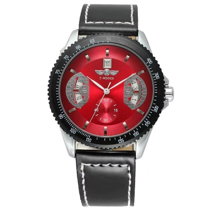 Ceas barbatesc Winner CS1753, automatic, piele naturala, negru, cadran rosu - poza 1