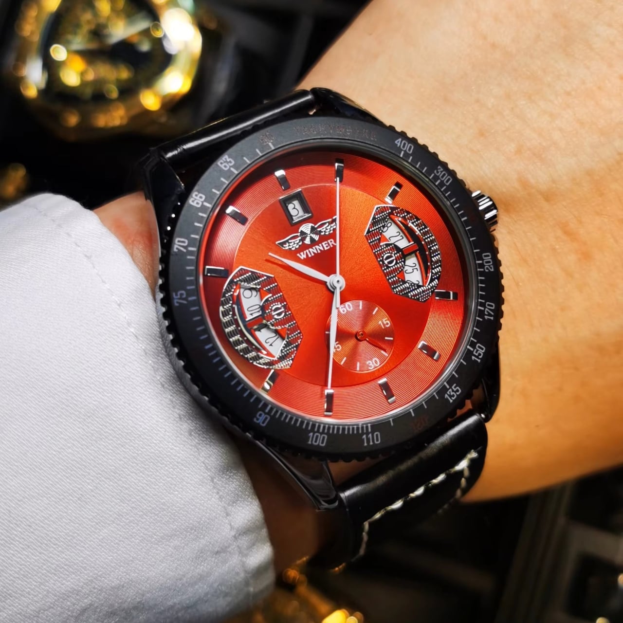 Ceas barbatesc Winner CS1753, automatic, piele naturala, negru, cadran rosu - poza 2