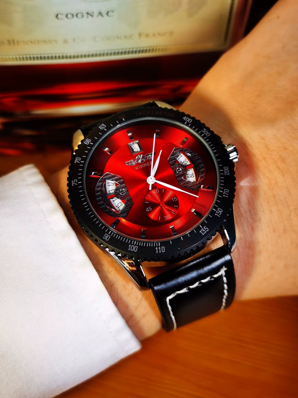 Ceas barbatesc Winner CS1753, automatic, piele naturala, negru, cadran rosu - poza 3