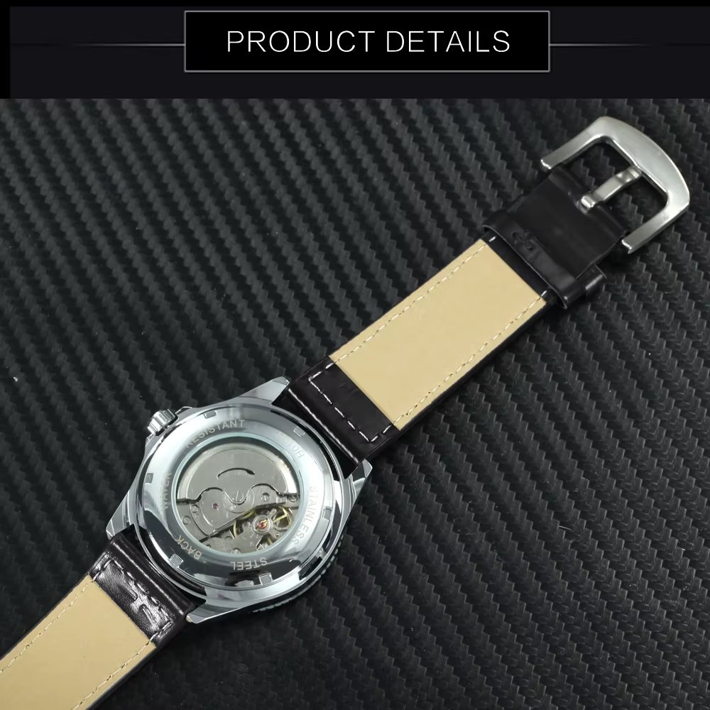 Ceas barbatesc Winner CS1753, automatic, piele naturala, negru, cadran rosu - poza 4