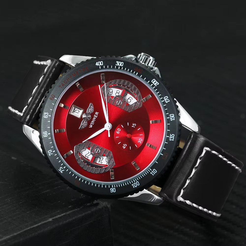 Ceas barbatesc Winner CS1753, automatic, piele naturala, negru, cadran rosu - poza 5