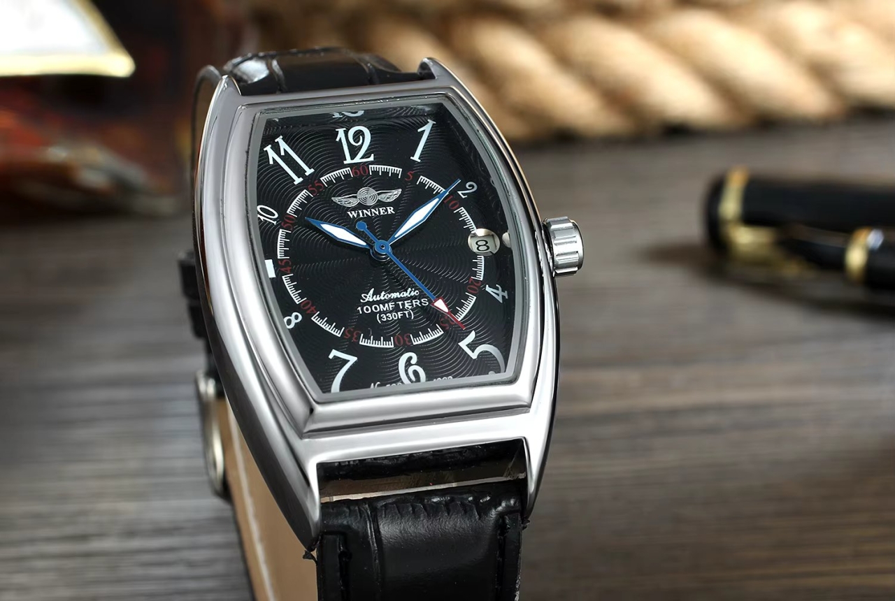 Ceas barbatesc Winner CS1757, automatic, piele naturala, negru, cadran negru - poza 3