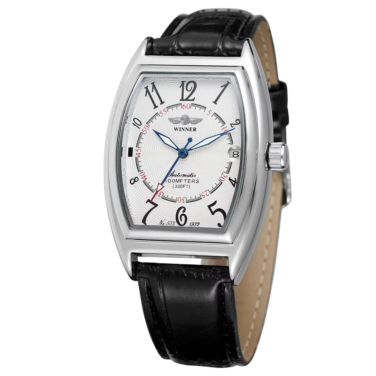 Ceas barbatesc Winner CS1758, automatic, piele naturala, negru, cadran alb