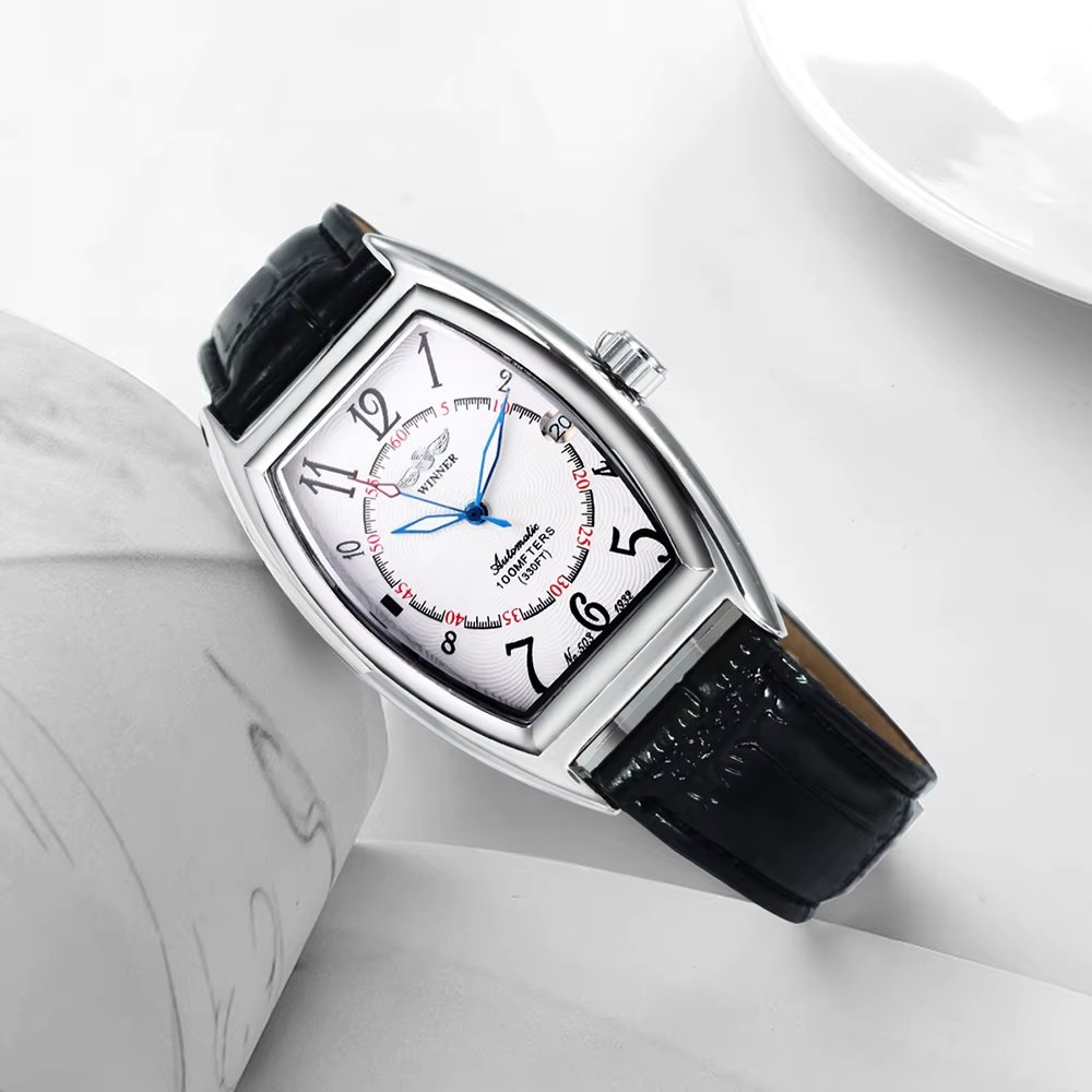 Ceas barbatesc Winner CS1758, automatic, piele naturala, negru, cadran alb - poza 2
