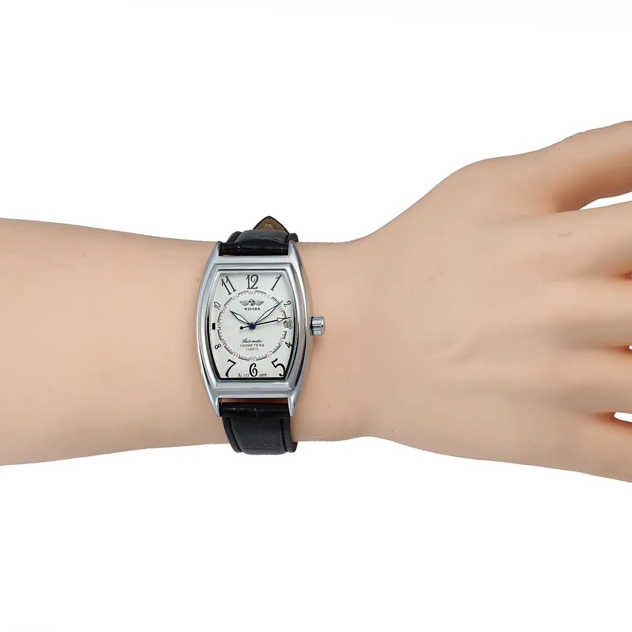 Ceas barbatesc Winner CS1758, automatic, piele naturala, negru, cadran alb - poza 3