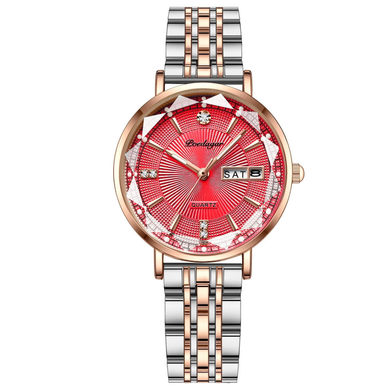 Ceas dama Poedagar CS1375, otel inoxidabil, argintiu-rose gold, cadran rosu - poza 1