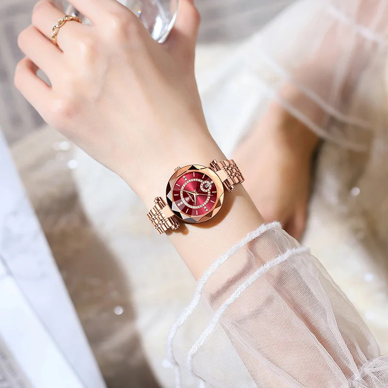 Ceas dama Poedagar CS1495, otel inoxidabil, rose gold, cadran rosu - poza 3
