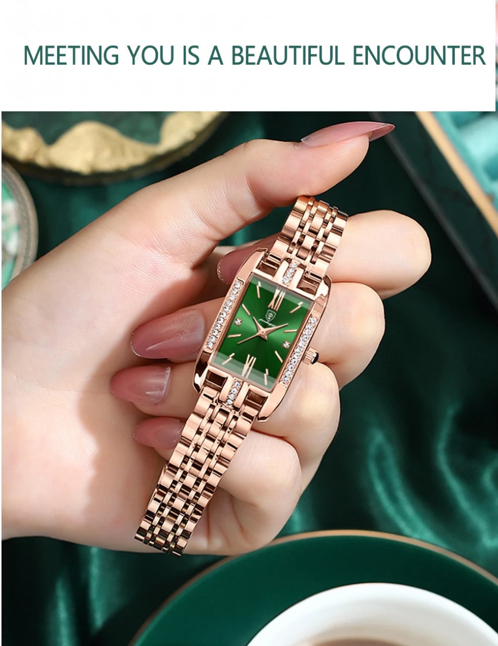 Ceas dama Poedagar CS1515, otel inoxidabil, rose gold, cadran verde - poza 5