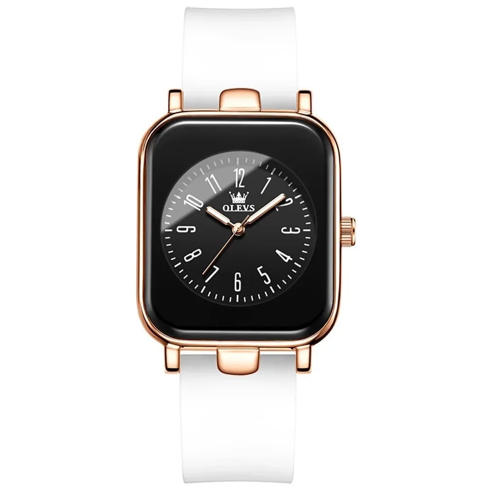 Ceas de dama Olevs CS1598, curea din silicon, alb-rose gold, cadran negru - poza 1