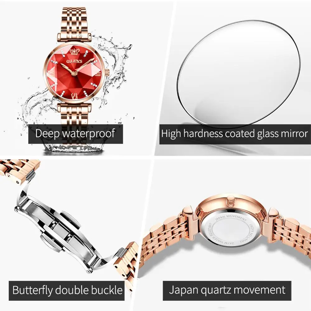 Ceas de dama Olevs CS1633, otel inoxidabil, rose gold, cadran rosu - poza 4