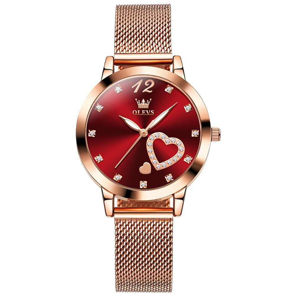 Ceas de dama Olevs CS1640, otel inoxidabil, rose gold, cadran rosu - poza 1