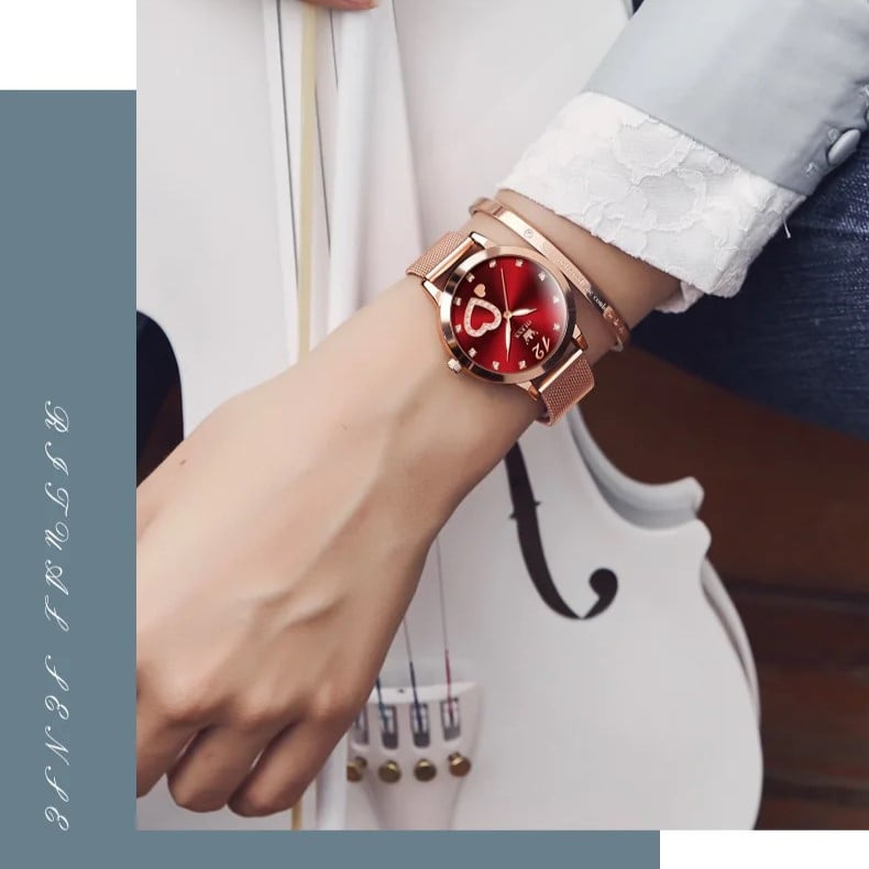 Ceas de dama Olevs CS1640, otel inoxidabil, rose gold, cadran rosu - poza 2