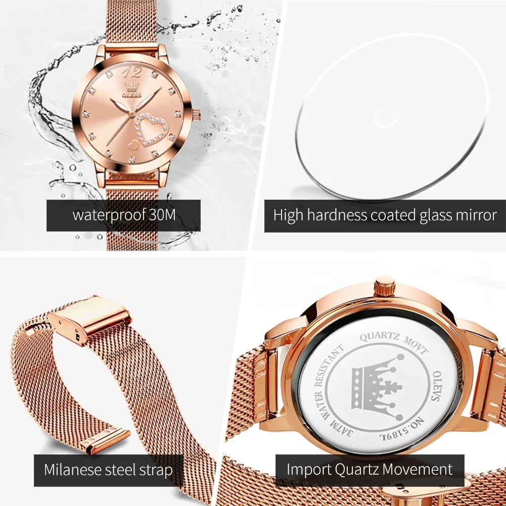 Ceas de dama Olevs CS1640, otel inoxidabil, rose gold, cadran rosu - poza 3