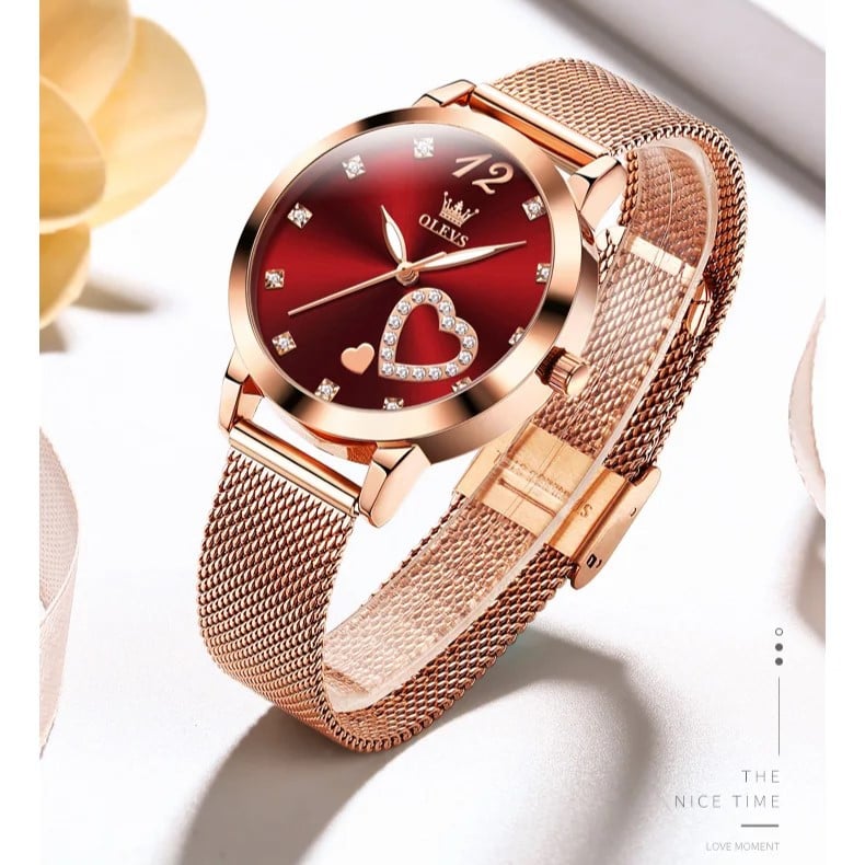 Ceas de dama Olevs CS1640, otel inoxidabil, rose gold, cadran rosu - poza 5