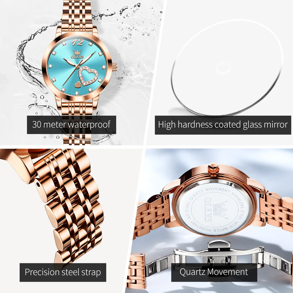 Ceas de dama Olevs CS1689, otel inoxidabil, rose gold, cadran verde - poza 5