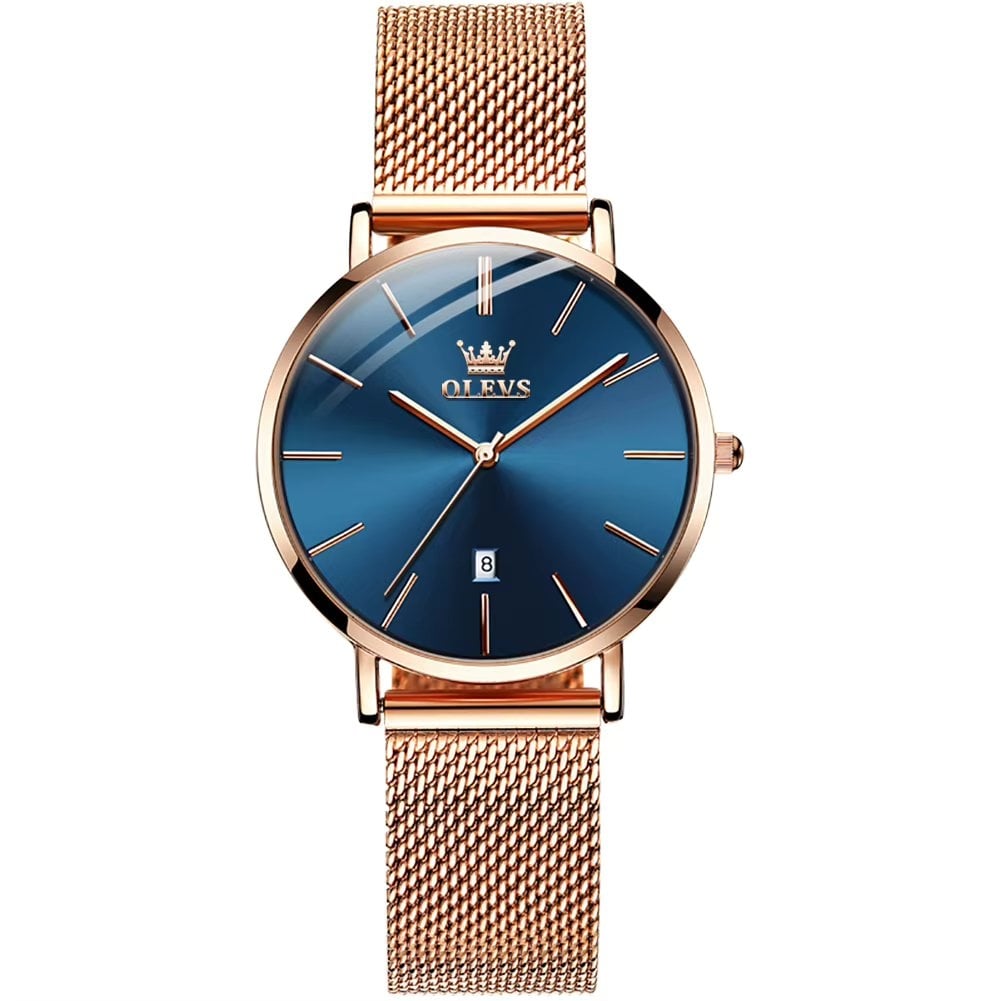 Ceas de dama Olevs CS1923, otel inoxidabil, rose gold, cadran albastru