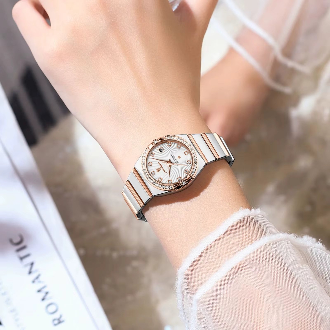 Ceas de dama Poedagar CS1866, otel inoxidabil, argintiu-rose gold, cadran alb - poza 2
