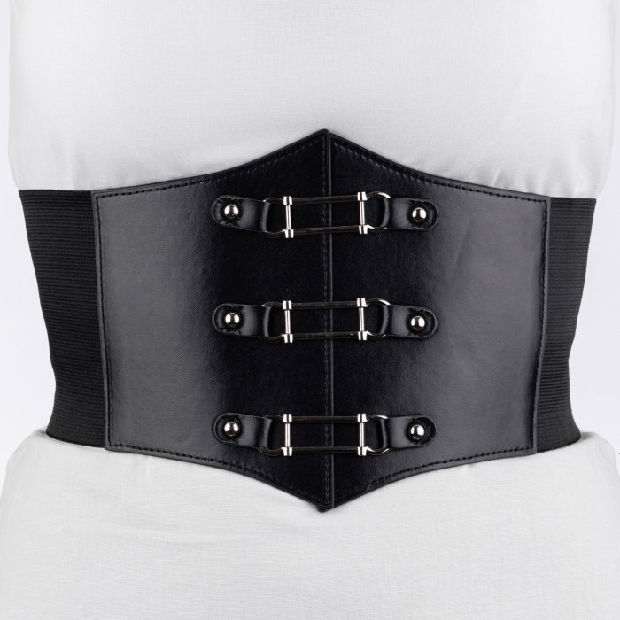 Centura corset lata din piele ecologica cu 3 elemente metalice argintii si elastic la spate
