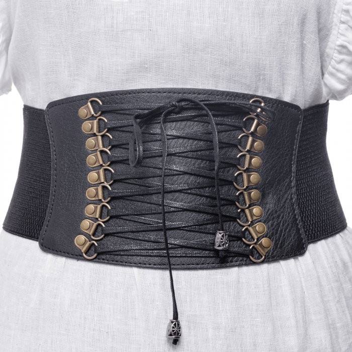 Centura corset lata din piele ecologica cu siret si elemente metalice aurii patinate