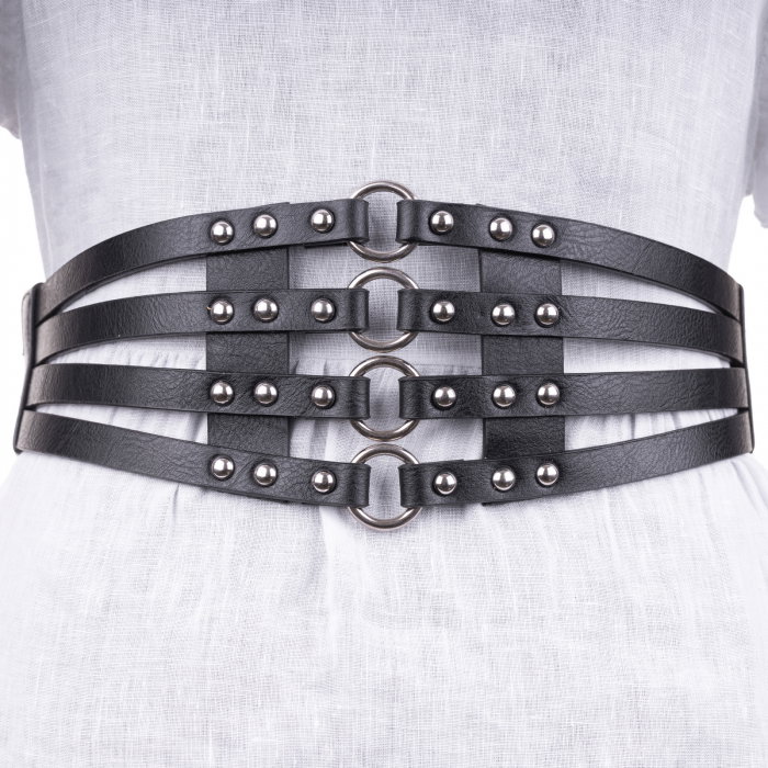 Centura neagra lata din piele ecologica cu tinte si cercuri metalice