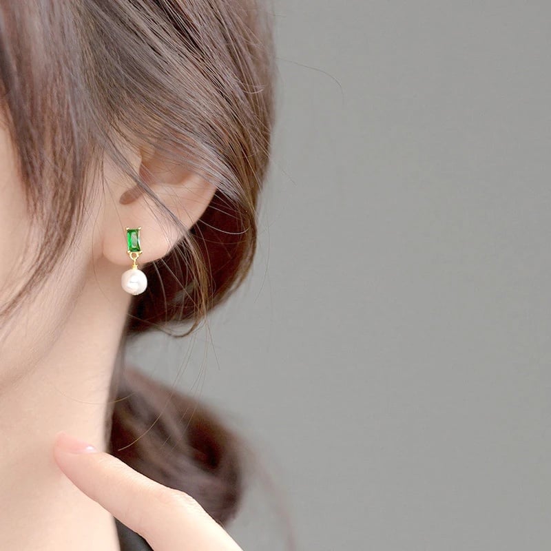 Cercei argint 925, JW1124, model cu perla si zirconiu verde, placati cu rodiu - poza 2