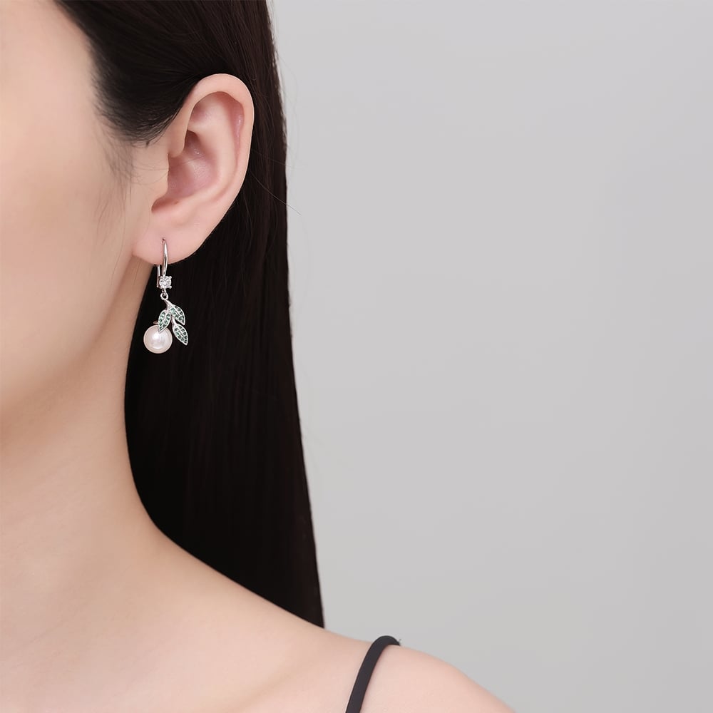 Cercei argint 925, JW1271, model perla si frunze, placati cu rodiu - poza 2