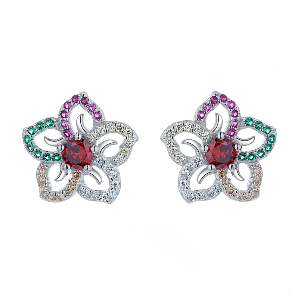 Cercei argint 925, JW807, model floare zirconiu multicolor, placati cu rodiu - poza 1