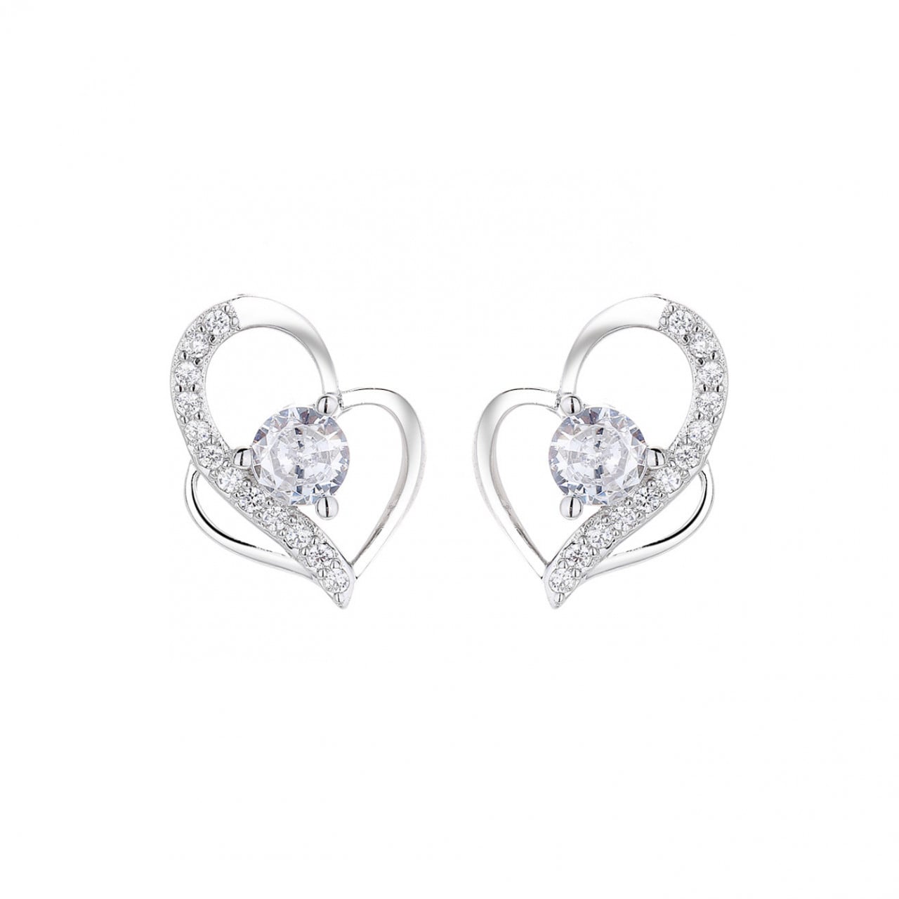 Cercei argint 925, JW840, model inima cu zirconiu alb, placati cu rodiu