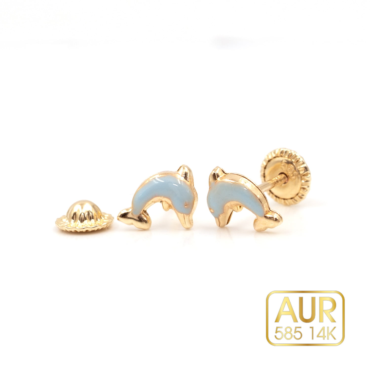 Cercei Aur 14K bebe/copii - Model "Delfini" cu surub - Aur galben cu email blue ciel